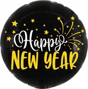 Balon foliowy okrągły czarne koło HAPPY NEW YEAR hel 45 cm nowy rok 2024