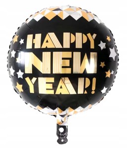 Balon foliowy okrągły czarne koło HAPPY NEW YEAR hel 45 cm nowy rok
