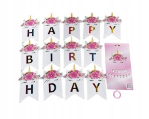 Baner girlanda HAPPY BIRTHDAY biała z jednorożcem PARTY URODZINY IMPREZA