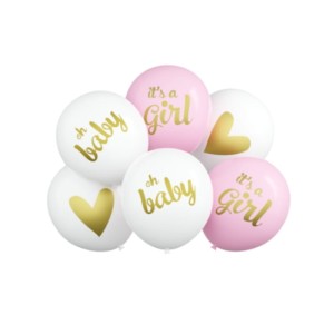 Balony lateksowe IT'S A GIRL 6szt 30cm RÓŻ BIAŁY BABYSHOWER IMPREZA PARTY