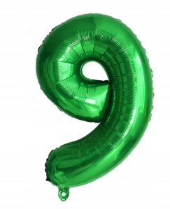 Duży balon foliowy w kształcie cyfry 9 DZIEWIEĆ DZIEWIĄTKA ZIELONY hel 100