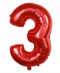 Duży balon foliowy w kształcie cyfry 3 TRZY TRÓJKA czerwona hel 100 cm