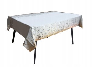 Obrus biały foliowy 137x274 złote grochy urodzin