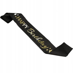 BROKATOWA Szarfa urodzinowa czarno złota HAPPY BIRTHDAY 160x10cm IMPREZA