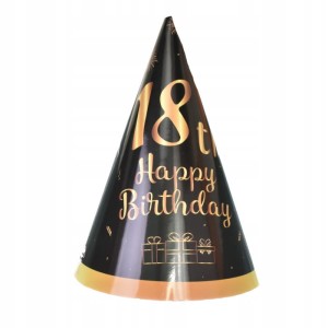 Czapeczki urodzinowe czarne 18th happy birthday 6 szt IMPREZA PARTY