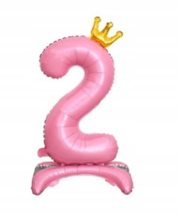 Balon foliowy cyfra stojąca RÓŻOWA 2 DWUJKA DWA hel 68 cm ze złotą korona