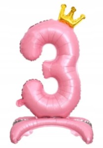Balon foliowy cyfra stojąca RÓŻOWA 3 TRÓJKA TRZY hel 68 cm ze złotą korona