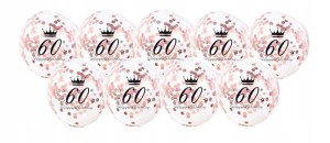 Balony transparentne 60 urodziny nadrukiem konfetti ROSE GOLD 10