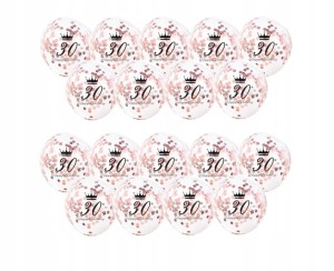 Balony transparentne 30 urodziny nadrukiem konfetti ROSE GOLD 10 szt
