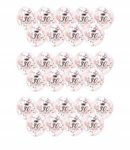 Balony transparentne 30 urodziny nadrukiem konfetti ROSE GOLD 30 szt