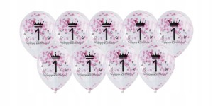 Balony transparentne 1 urodziny roczek konfetti RÓŻOWE 10 szt