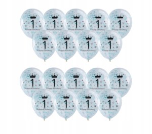 Balony transparentne 1 urodziny roczek konfetti NIEBIESKIE 20 szt