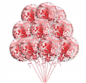 Duże balony transparentne konfetti CZERWONE 20 szt