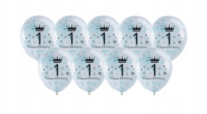 Balony transparentne 1 urodziny roczek konfetti NIEBIESKIE 10 szt