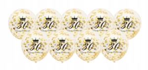 Balony transparentne 30 urodziny konfetti ZŁOTE 10