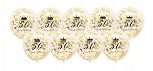 Balony transparentne 50 urodziny konfetti ZŁOTE 10