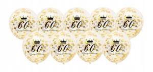 Balony transparentne 60 urodziny konfetti ZŁOTE 10