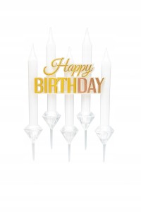 Białe Świeczki Urodzinowe + Topper Happy Birthday Złoty – Zestaw 6 szt.