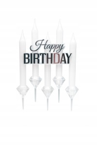 Białe Świeczki Urodzinowe + Topper Happy Birthday Srebrny – Zestaw 6 szt.